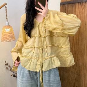 Lace Decoration Puff Sleeve Tied Blouse