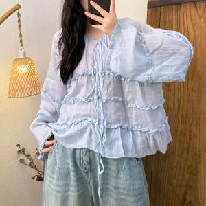Lace Decoration Puff Sleeve Tied Blouse