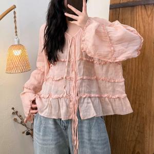 Lace Decoration Puff Sleeve Tied Blouse