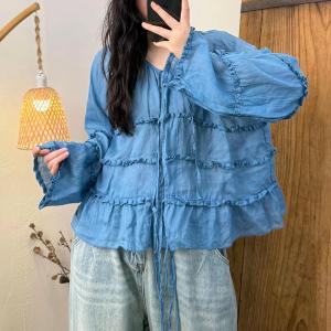Lace Decoration Puff Sleeve Tied Blouse
