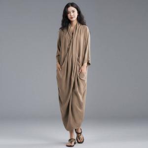 Pleated Silky Front Cross Maxi Dress