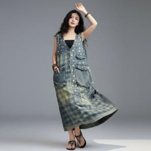 V-Neck Plaids and White Dots Denim Sundress