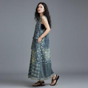 V-Neck Plaids and White Dots Denim Sundress