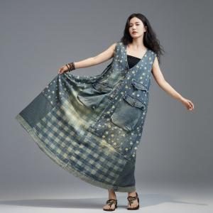 V-Neck Plaids and White Dots Denim Sundress