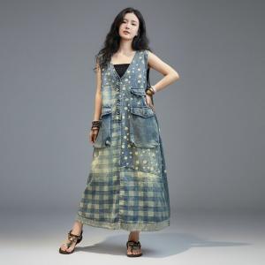 V-Neck Plaids and White Dots Denim Sundress