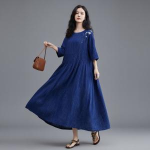 Vertical Striped Flowers Ramie Empire Waist Dress