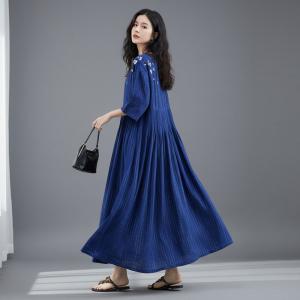 Vertical Striped Flowers Ramie Empire Waist Dress