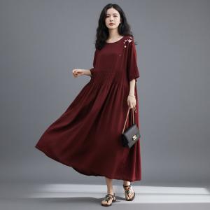 Vertical Striped Flowers Ramie Empire Waist Dress