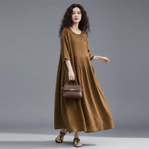 Vertical Striped Flowers Ramie Empire Waist Dress