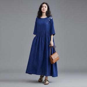 Vertical Striped Flowers Ramie Empire Waist Dress