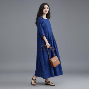 Vertical Striped Flowers Ramie Empire Waist Dress