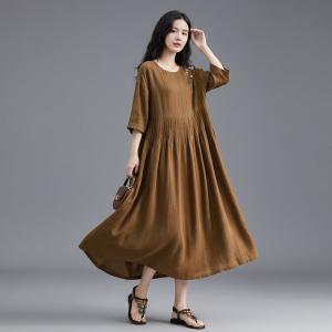 Vertical Striped Flowers Ramie Empire Waist Dress