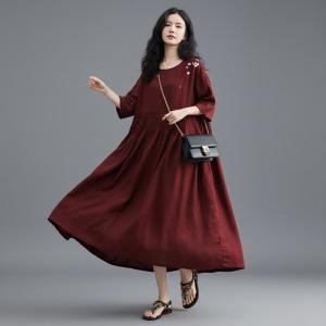 Vertical Striped Flowers Ramie Empire Waist Dress
