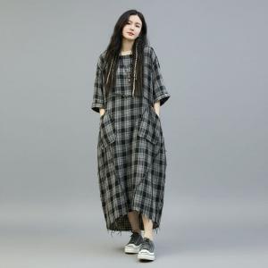 Cotton Linen Fringed Gingham Cocoon Dress
