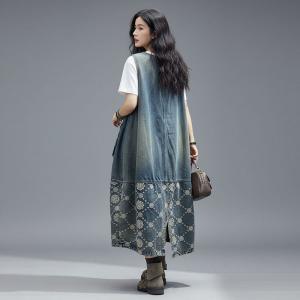 Embroidered Flowers Frog Buttons Jean Vest Dress