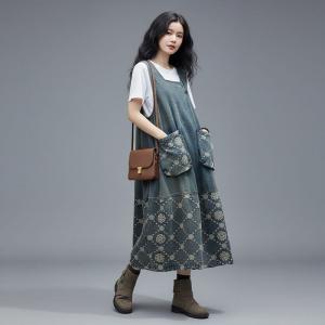 Embroidered Flowers Frog Buttons Jean Vest Dress