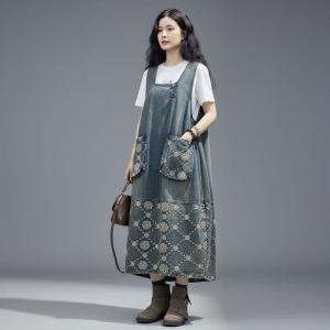 Embroidered Flowers Frog Buttons Jean Vest Dress