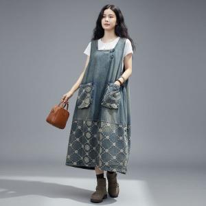 Embroidered Flowers Frog Buttons Jean Vest Dress