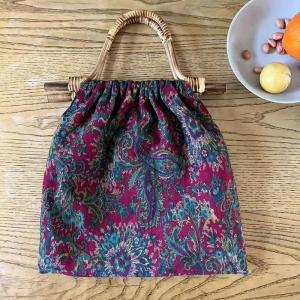 Rattan Handle Floral and Striped Wrist Bag