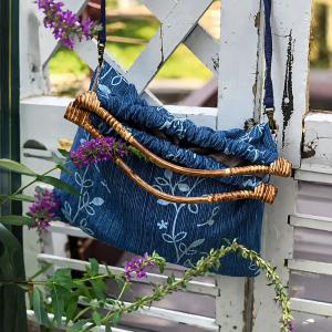 Rattan Handle Floral and Striped Wrist Bag