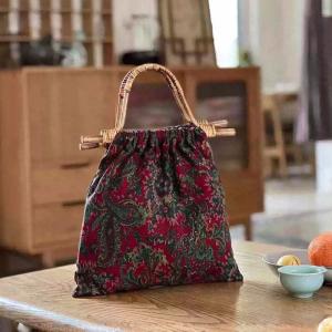 Rattan Handle Floral and Striped Wrist Bag