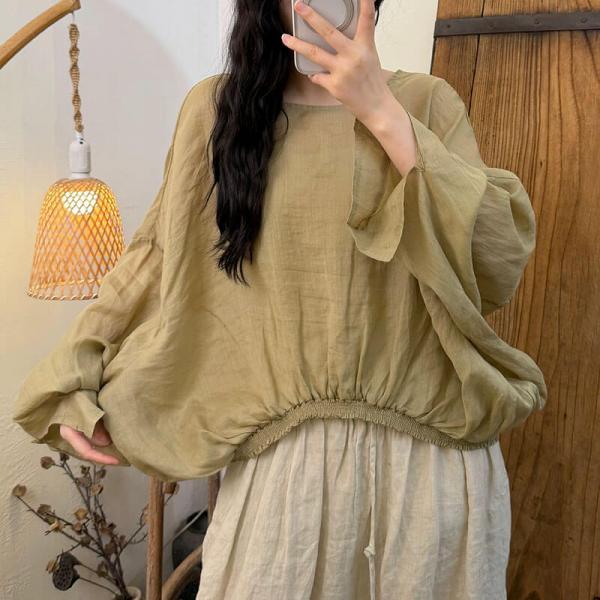 Elegant 100% Ramie Long Sleeve Round Neck Solid Color White Azure Purple Red Grapefruit Pink comfy tropical hawaiian plus size oversized rustic cottagecore
