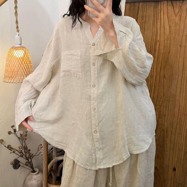 Casual 100% Linen Long Sleeve V-Neck Solid Color Beige Pink Light Blue Dark Army Green tropical comfy travel lightweight resort rustic cottagecore