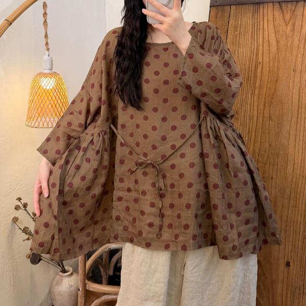 Casual 100% Ramie Long Sleeve Round Neck Printed Coffee Print oversized resort cottagecore rustic travel lightweight granola Black