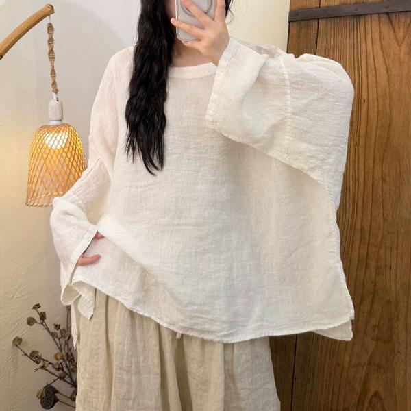 Casual 100% Linen Long Sleeve Round Neck Solid Color Pink Cream comfy tropical hawaiian plus size slouchy lazy day cottagecore rustic
