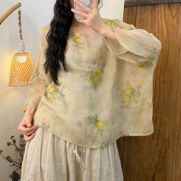 Casual 100% Ramie Long Sleeve Round Neck Floral Green Yellow Pink Light Blue Coffee bohemian tropical hawaiian oversized plus size slouchy lazy day travel resort rustic cottagecore