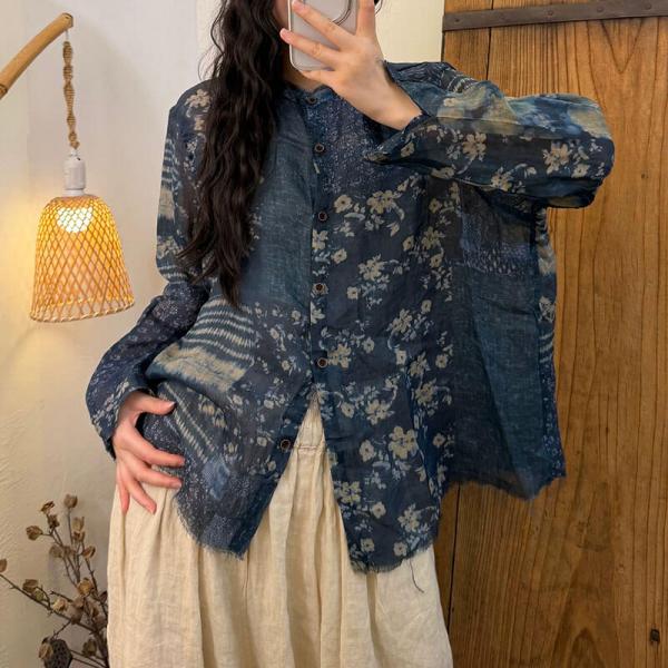 Casual 100% Ramie Long Sleeve Stand Collar Printed Blue Dark Green Red Black comfy tropical hawaiian oversized plus size slouchy lazy day travel winery resort rustic cottagecore