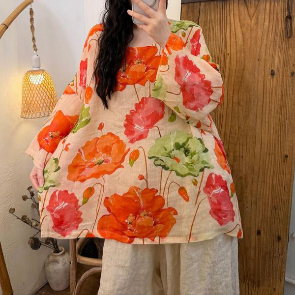 Casual 100% Ramie Ninth Sleeve Round Neck Printed Orange tropical bohemian cottagecore rustic oversized plus size lazy day travel resort