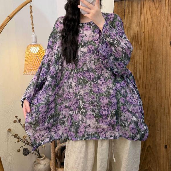 Casual 100% Ramie Long Sleeve Round Neck Printed Purple Green Light comfy tropical travel resort plus size slouchy lazy day cottagecore rustic