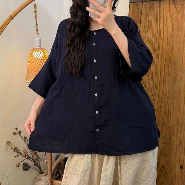 Casual 100% Cotton Ninth Sleeve Round Neck Solid Color Cream Navy Blue Reddish Orange Olive Green Dark Coffee Emerald Pink comfy tropical hawaiian cottagecore rustic oversized resort lazy day travel slouchy