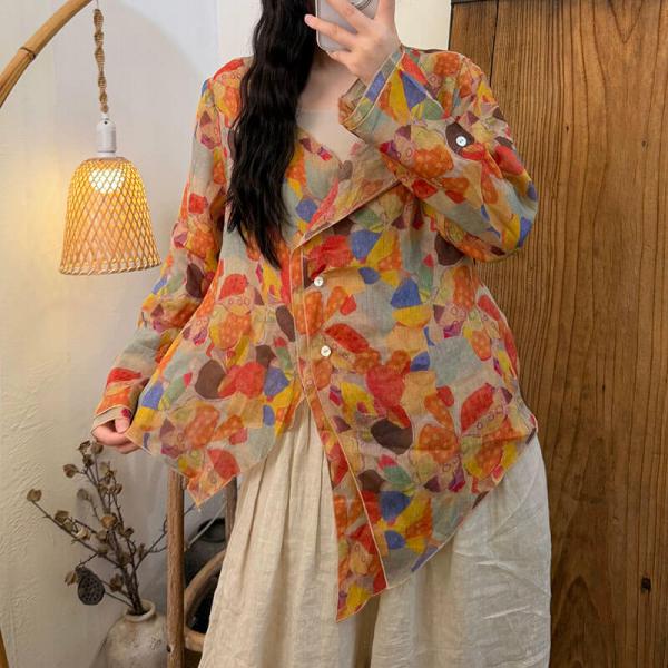 Elegant 100% Ramie Long Sleeve Lapel Printed Red Yellow Khaki comfy tropical hawaiian slouchy oversized travel resort business casual