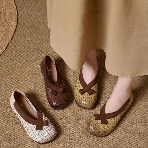 Boho Style Cowhide Bowknot Weave Flats