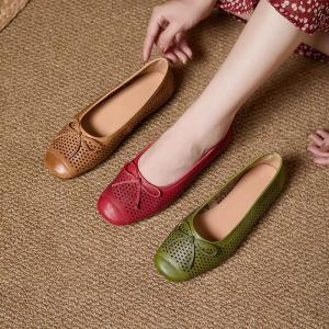 Bowknot Design Breathable Holes Leather Flats