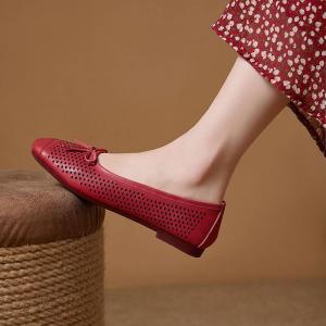 Bowknot Design Breathable Holes Leather Flats