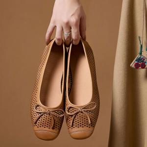 Bowknot Design Breathable Holes Leather Flats