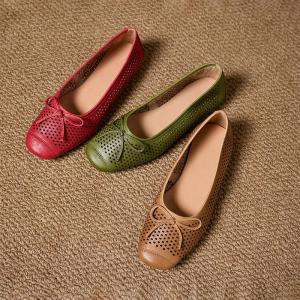 Bowknot Design Breathable Holes Leather Flats