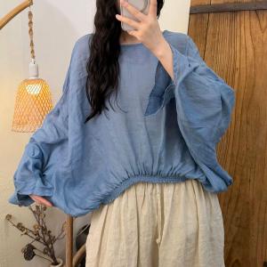 Puff Sleeves Elastic Hem Ramie Blouse