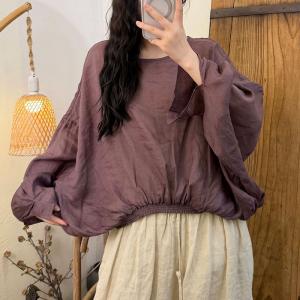 Puff Sleeves Elastic Hem Ramie Blouse
