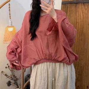 Puff Sleeves Elastic Hem Ramie Blouse