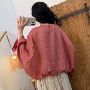 Puff Sleeves Elastic Hem Ramie Blouse