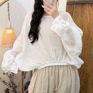 Puff Sleeves Elastic Hem Ramie Blouse