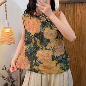 Mandarin Collar Flowers Patterned Ramie Vest
