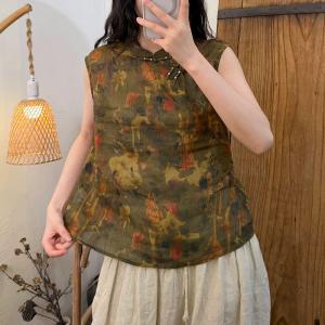 Mandarin Collar Flowers Patterned Ramie Vest
