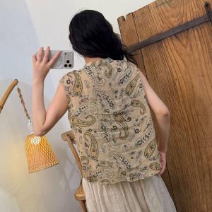 Mandarin Collar Flowers Patterned Ramie Vest