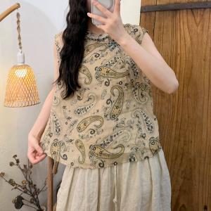 Mandarin Collar Flowers Patterned Ramie Vest