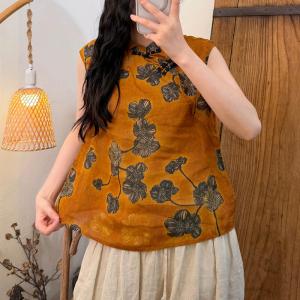 Mandarin Collar Flowers Patterned Ramie Vest